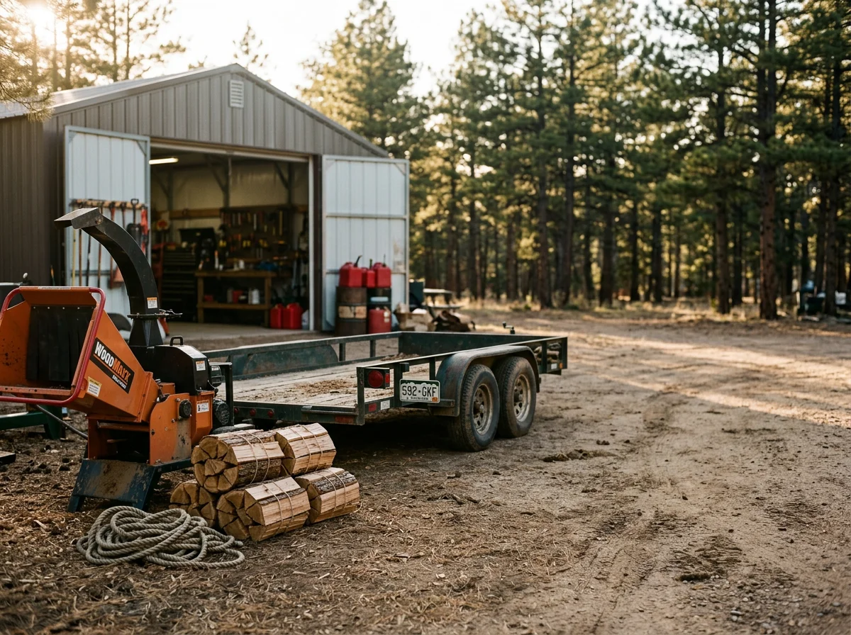 Land clearing equipment and tools staged for forest management and fire mitigation work on Colorado properties.