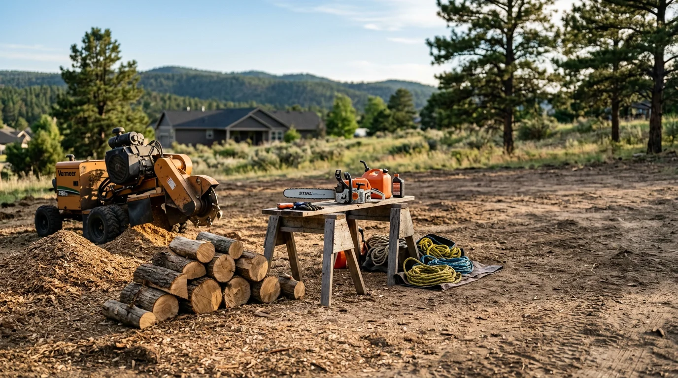 Professional arborist removing a large tree with safety equipment in Douglas County