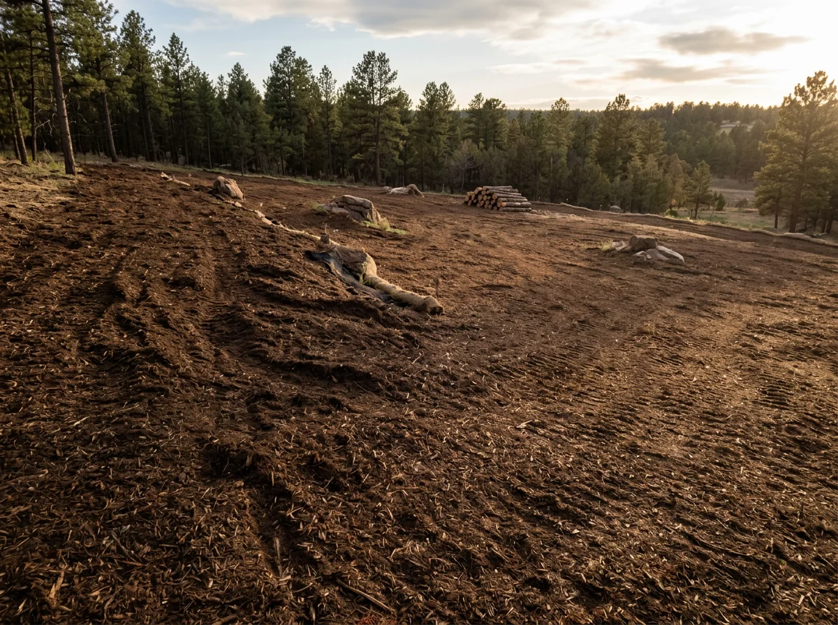 Forestry mulching equipment processing trees and brush into fine mulch on cleared land