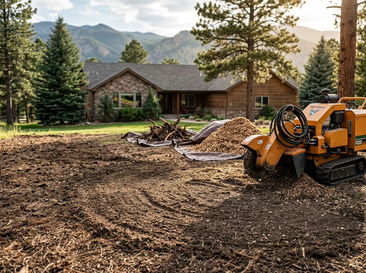 Stump grinder removing tree stump from cleared residential lot