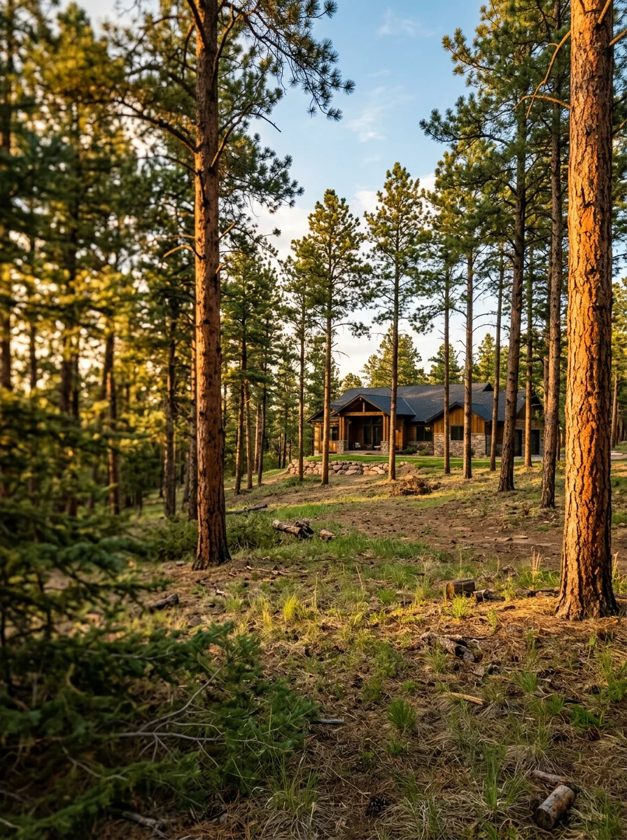 A Black Forest, CO property showing a cleared defensible space zone around a rebuilt home, with managed ponderosa pine canopy and cleared understory brush extending 100 feet from the structure.