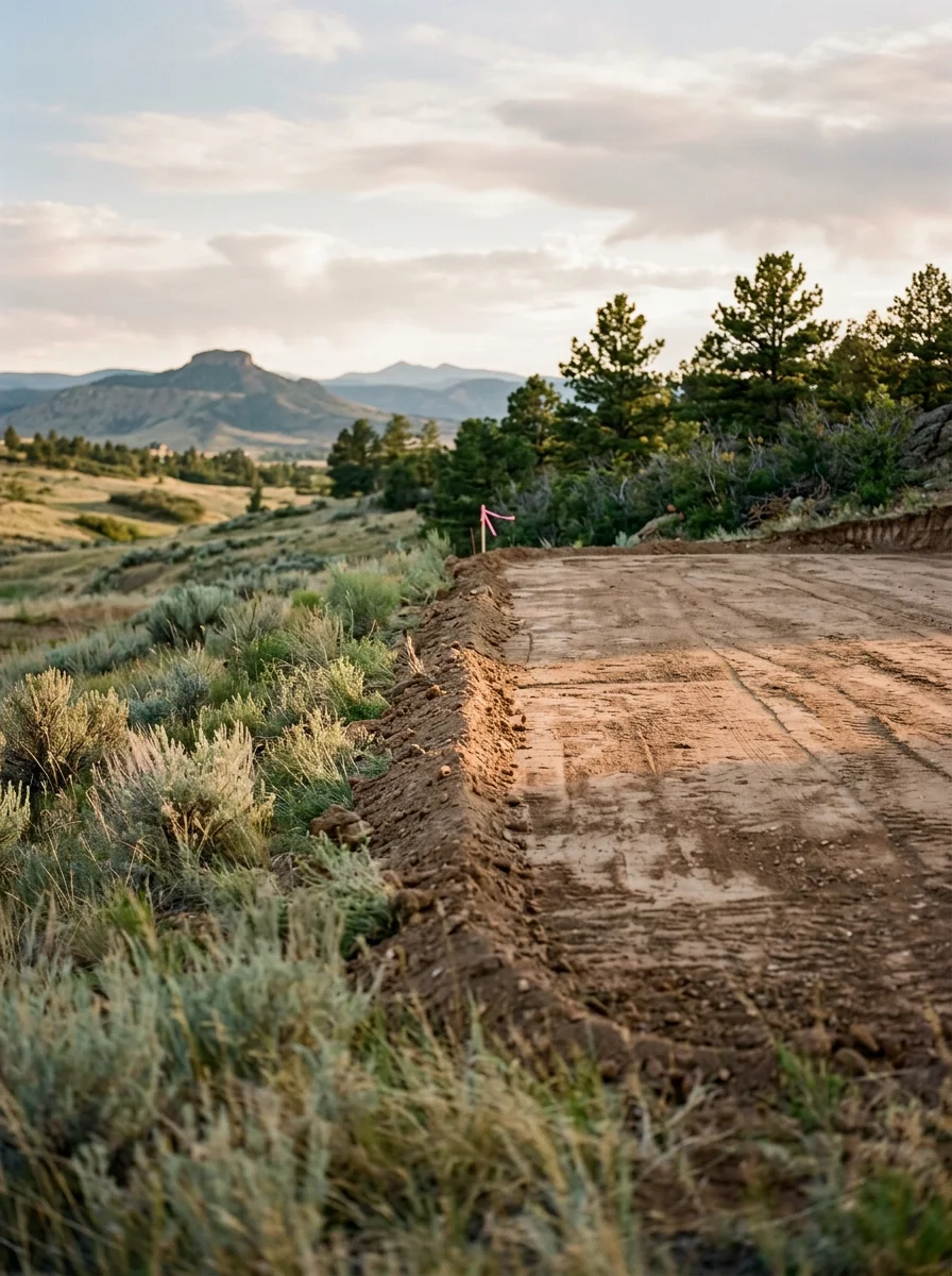 A graded and cleared building site in a Castle Rock, CO master-planned community, showing a level pad ready for foundation work with surrounding native vegetation managed at the perimeter.