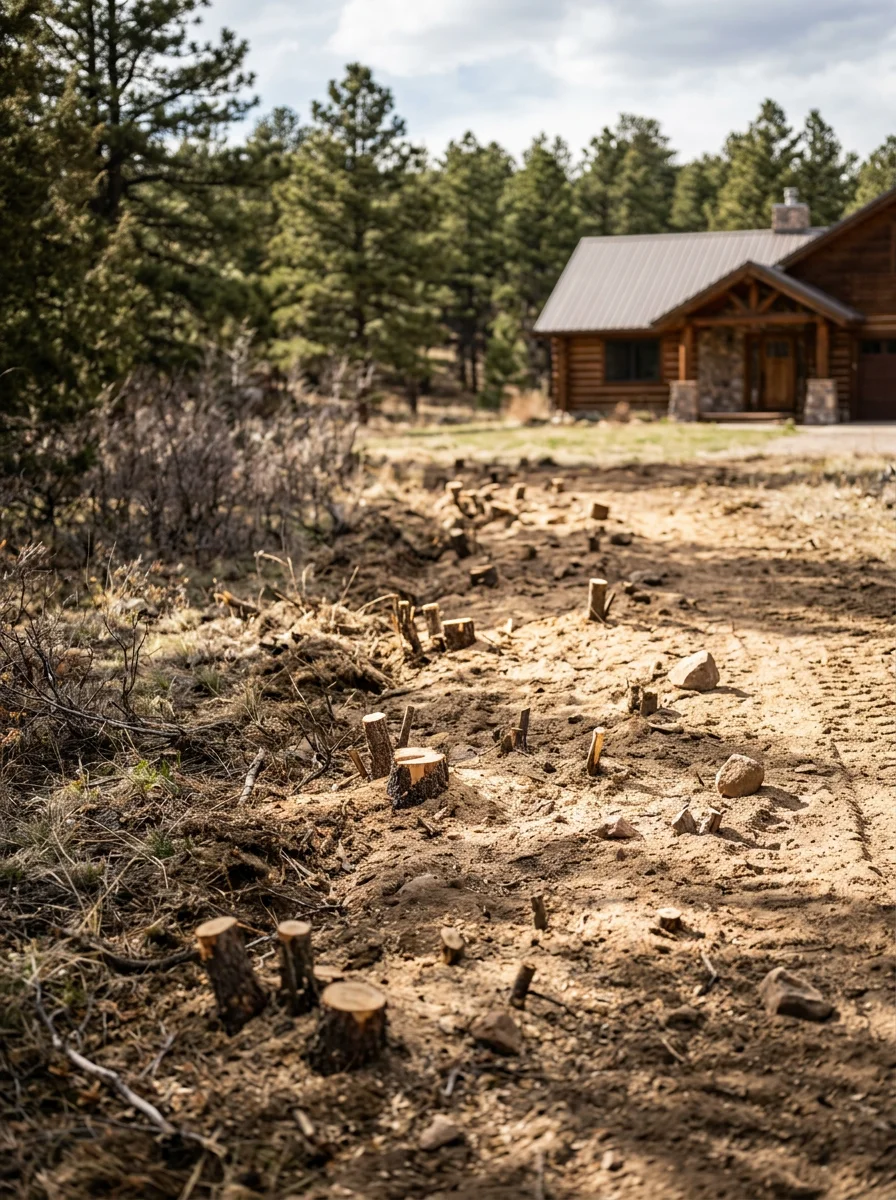 Close-up of a cleared fuel break on a Douglas County acreage parcel, showing cut scrub oak stumps and open ground between the tree line and a residential structure.