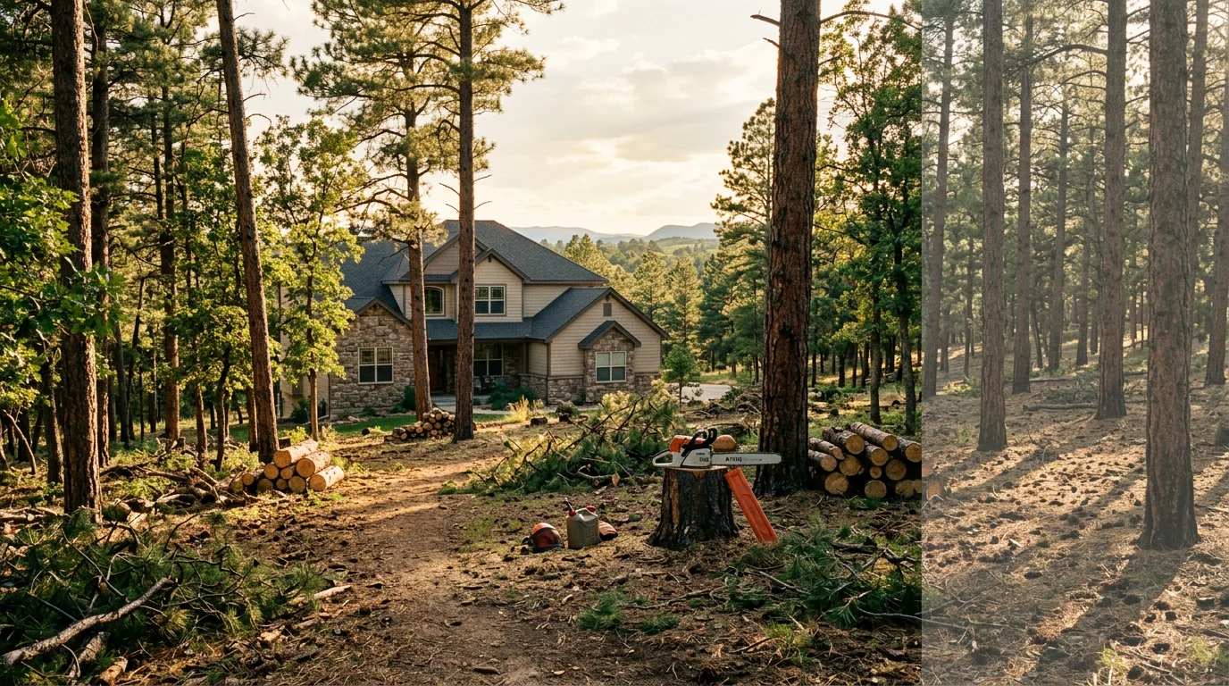 A land clearing crew thins dense ponderosa pine and Gambel oak on a Douglas County, CO residential property to create defensible space around a home.