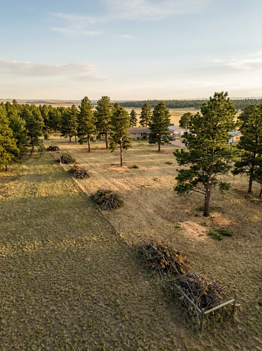 A cleared defensible space perimeter around a rural home in Elbert County, CO, showing mowed grass and removed brush between the structure and surrounding open land.