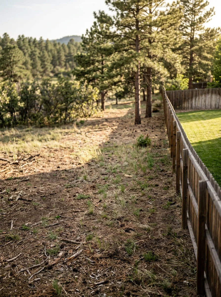 A cleared and managed rear yard on a Highlands Ranch, CO property showing a low-fuel buffer zone between the home's back fence and the adjacent open-space corridor.