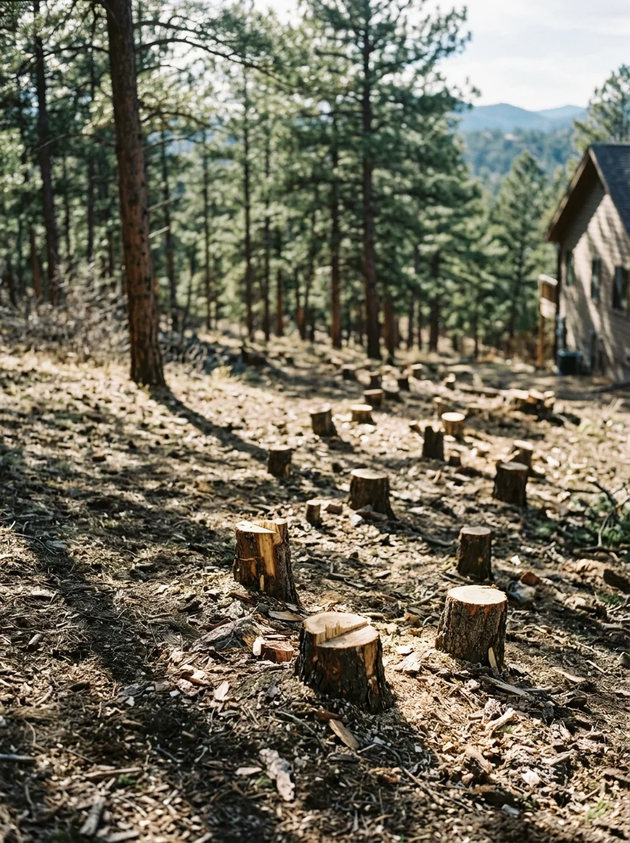 A cleared fuel break on a large-lot Larkspur, CO residential property showing cut Gambel oak stumps and thinned ponderosa pine canopy with the home structure visible at the edge of the cleared zone.