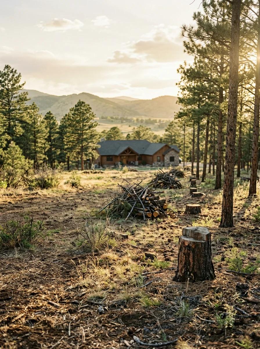 A cleared defensible space zone on a Pradera, Parker, CO acreage property showing selectively removed trees and managed understory brush with the home visible in the background.