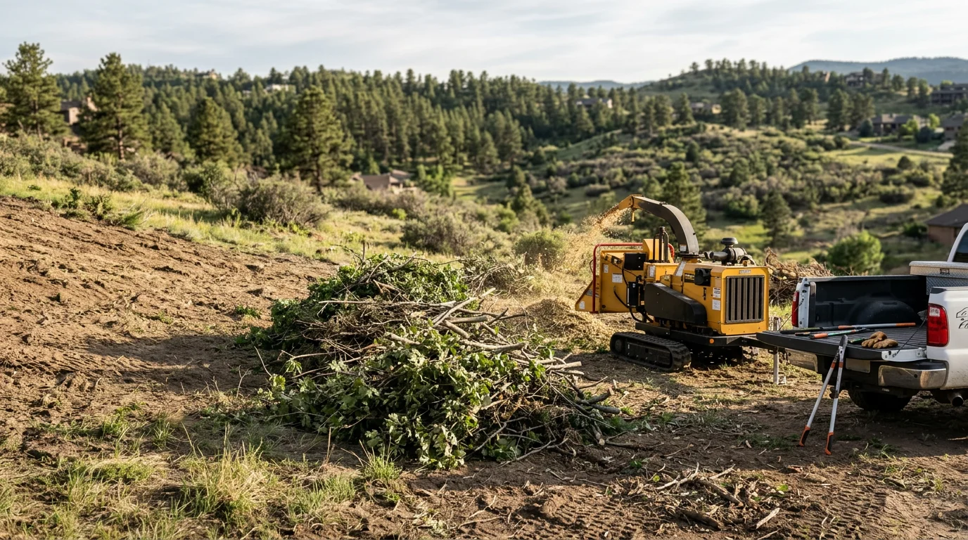 A cleared residential property in Douglas County, Colorado, showing open ground where dense brush and overgrown shrubs have been removed from around a home. Chipped debris is piled at the edge of the lot, and the surrounding Ponderosa pine landscape is visible in the background.