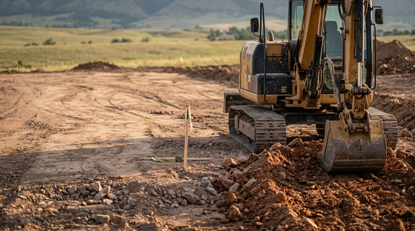 A large excavator cutting and removing soil on a raw building site in Douglas County, Colorado, with rocky terrain and open land visible in the background. The cleared pad shows exposed subsoil ready for foundation work.