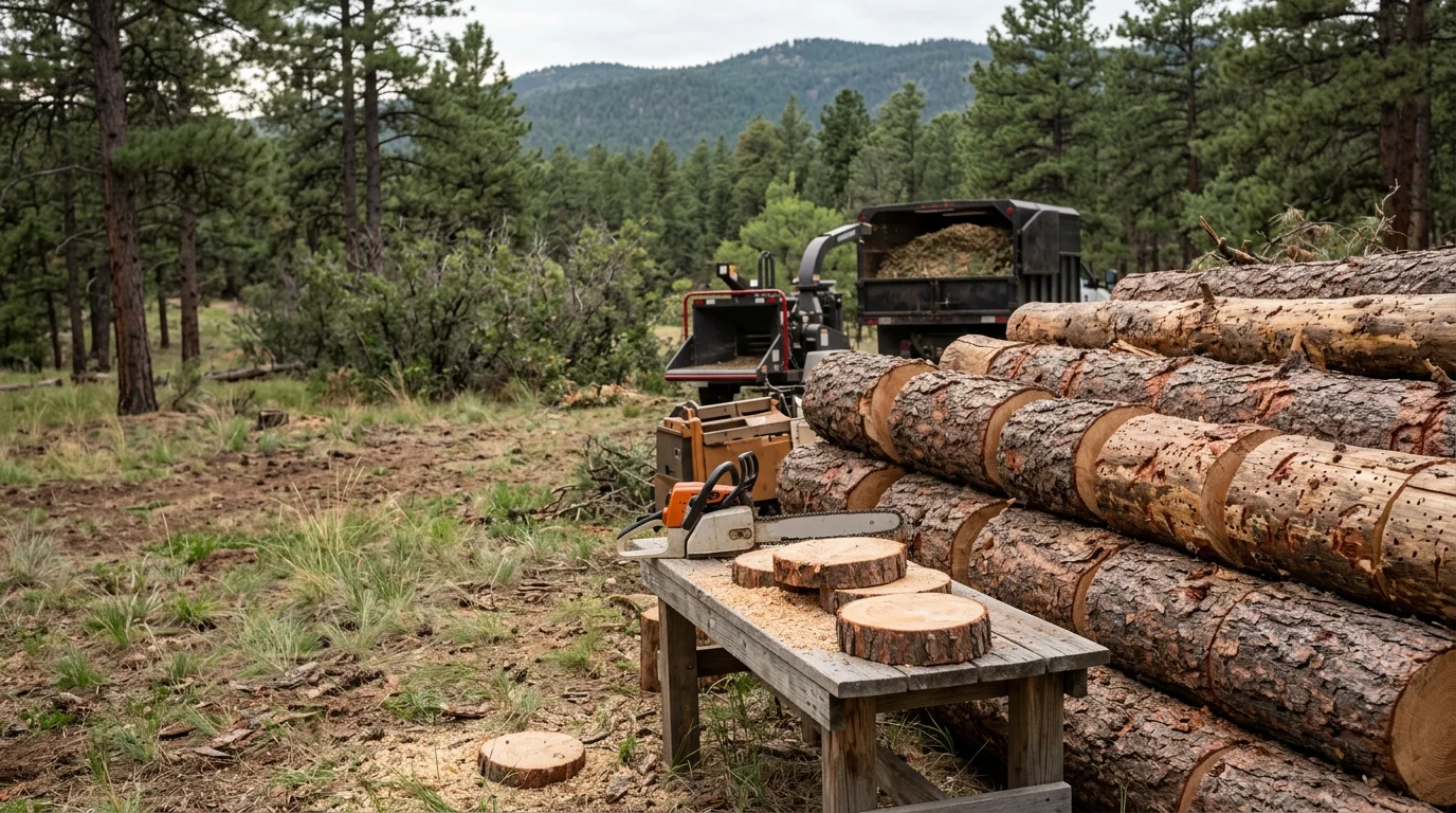A dead ponderosa pine being removed from a residential property in Douglas County, Colorado, with cleared ground visible around the base of the tree. A land clearing crew works near a rural home with open terrain and dry grass in the background.