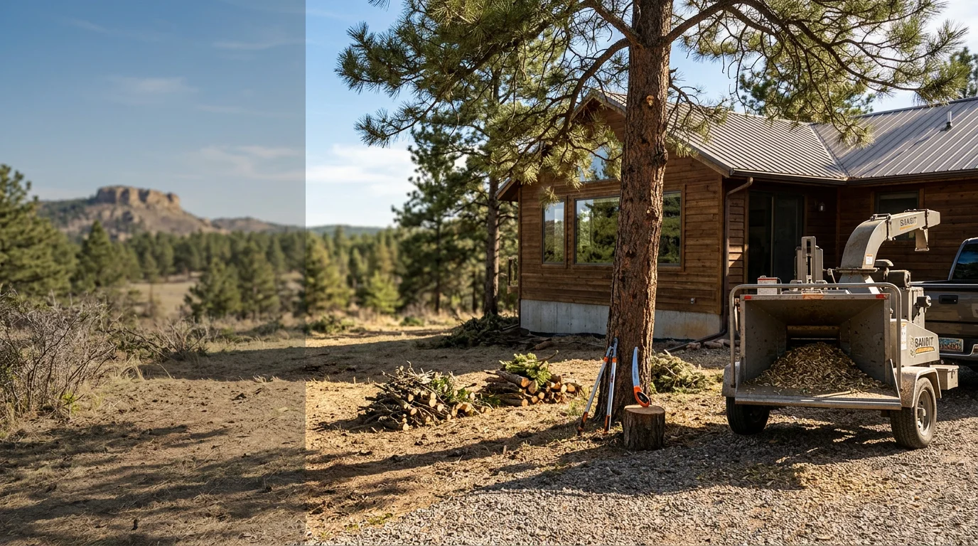 A Douglas County, Colorado residential property with cleared defensible space zones around the home, showing thinned ponderosa pine and scrub oak with maintained ground clearance. The treated area extends outward from the structure in visible concentric zones across sloped terrain.