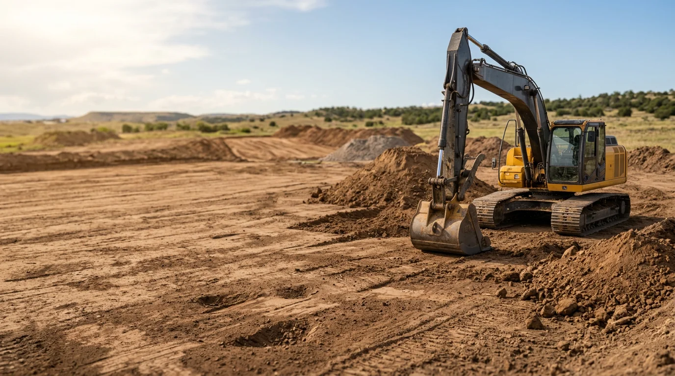 A tracked machine moving and leveling heavy clay soil on a rural Douglas County, Colorado property. The cleared and shaped ground is ready for the next phase of a land development project.