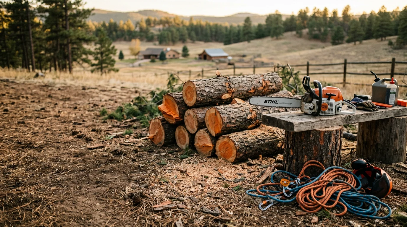 A large storm-damaged tree that has fallen across a residential driveway in Douglas County, Colorado, with a professional land clearing crew on site preparing to remove it. Debris from broken limbs is scattered across the property with a clear blue Colorado sky visible above.