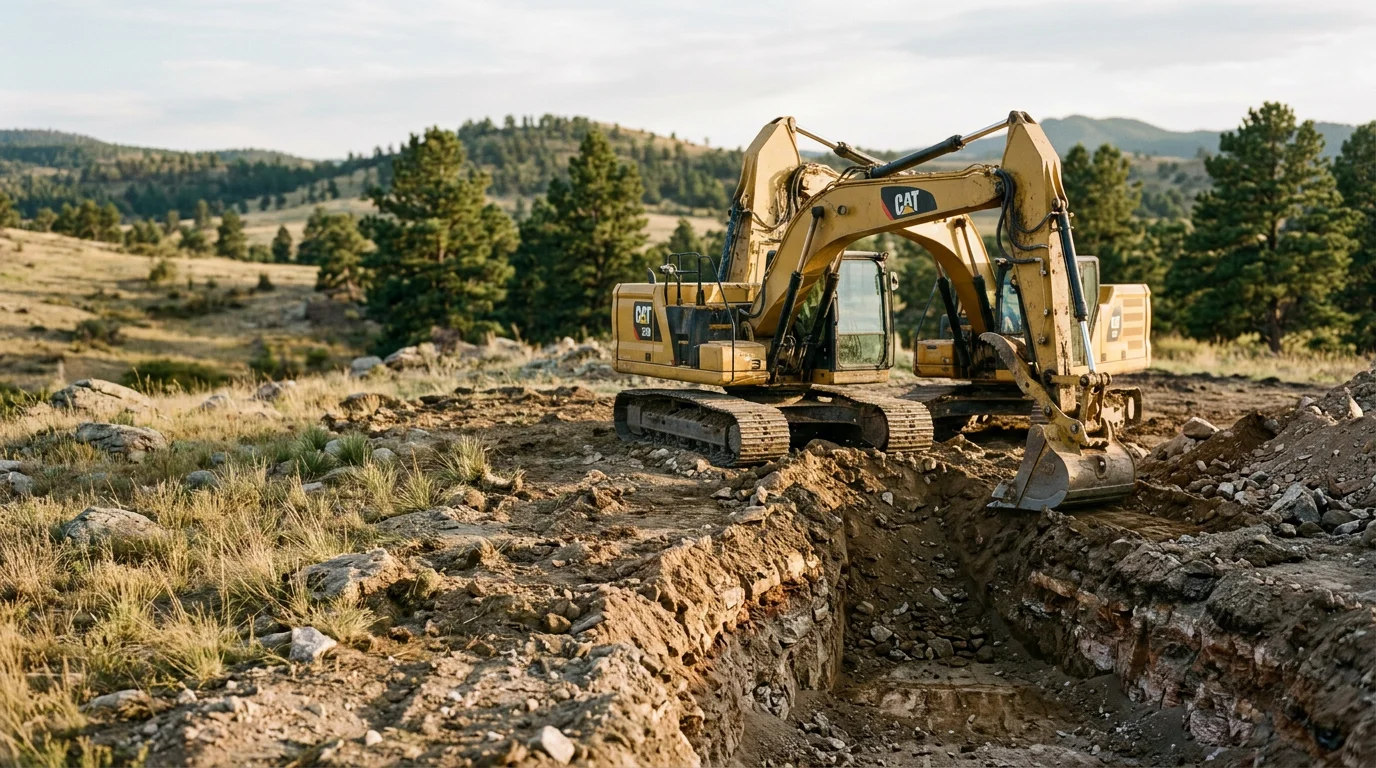 A tracked excavator digging into rocky, clay-mixed soil on a residential property in Douglas County, Colorado, with cleared land and rolling terrain visible in the background.