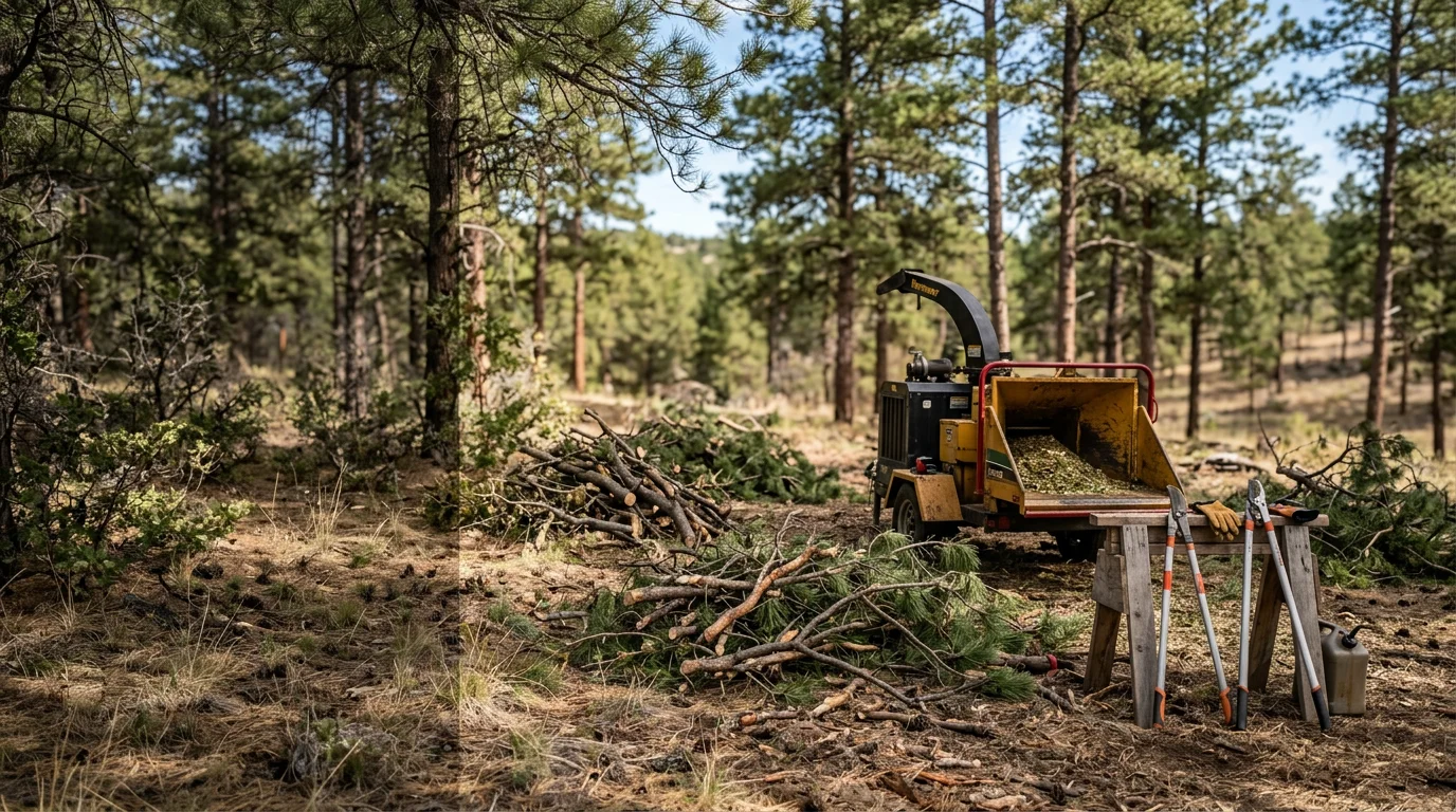 A Douglas County, Colorado property with cleared brush and reduced vegetation around a home, showing open defensible space between the structure and surrounding dry grassland and trees. Fire mitigation work completed by DC Land Clearing in the wildland-urban interface area.
