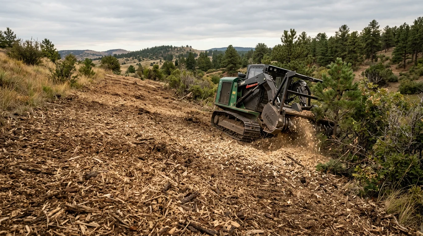 A forestry mulching machine clearing dense scrub oak and brush on a sloped rural property in Douglas County, Colorado. The cleared ground shows a uniform layer of fresh wood mulch with open land visible beyond the work area.