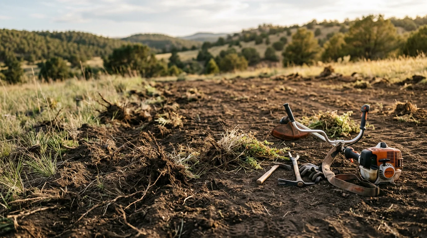 A cleared Douglas County, CO property showing bare soil and removed invasive weed growth, with native rangeland grasses visible at the property edge. DC Land Clearing equipment is staged on the lot after completing invasive vegetation removal work.
