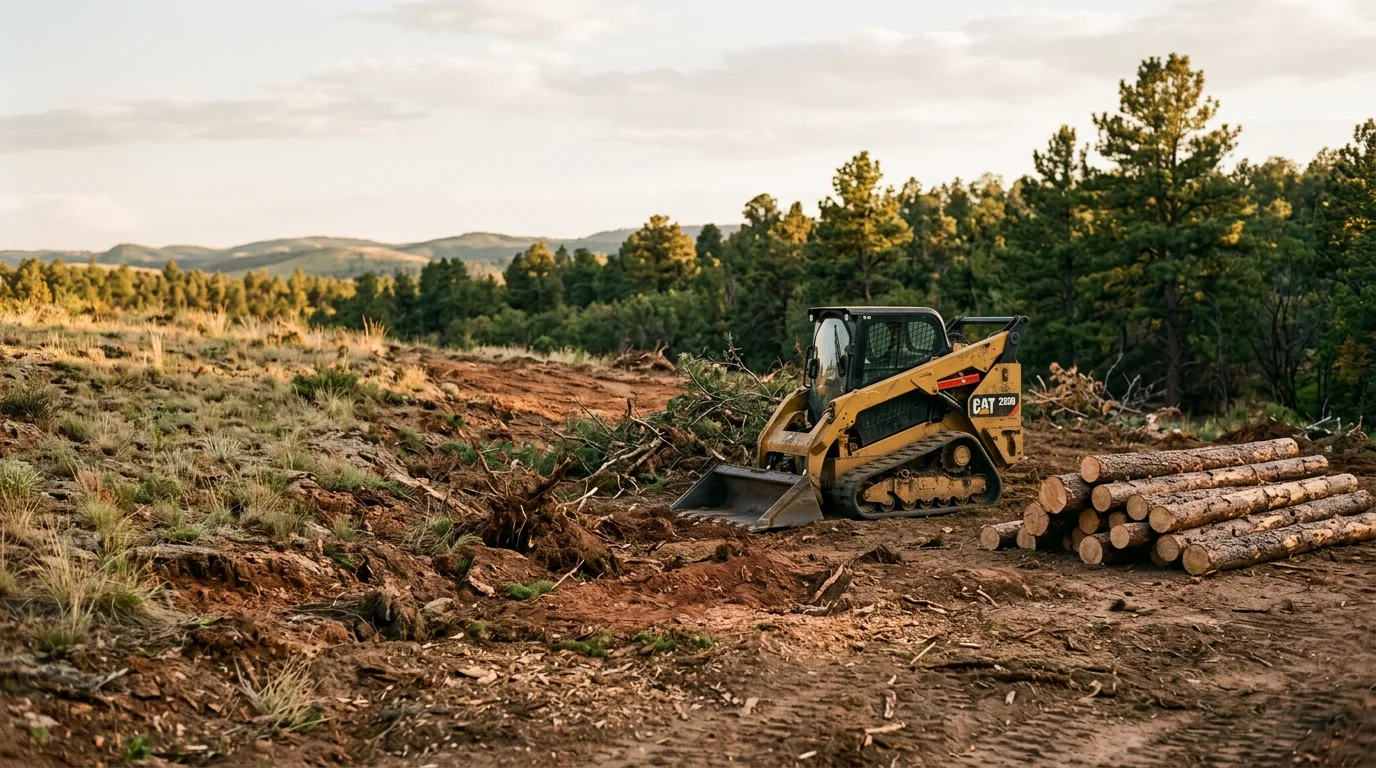 A Douglas County, Colorado property after professional land clearing, showing open ground with removed trees and brush, surrounded by ponderosa pine and scrub oak terrain typical of the area. The cleared land is flat and accessible, ready for construction or fire mitigation use.
