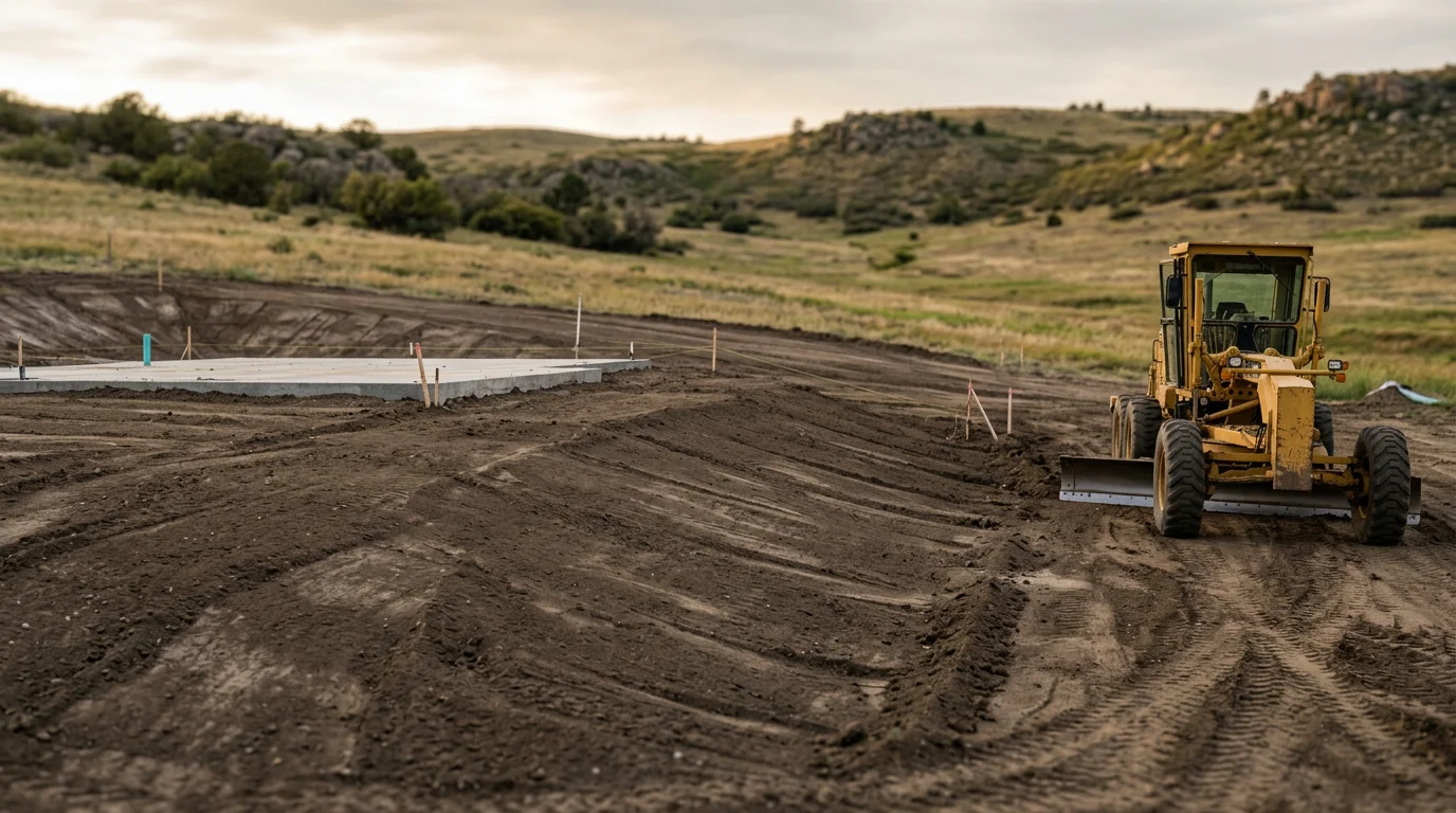 A land grading crew reshaping a sloped residential lot in Douglas County, Colorado, with a grader smoothing uneven terrain and directing the surface away from a nearby structure. The surrounding landscape shows the rolling grassland and open sky typical of the Castle Rock and Parker area.
