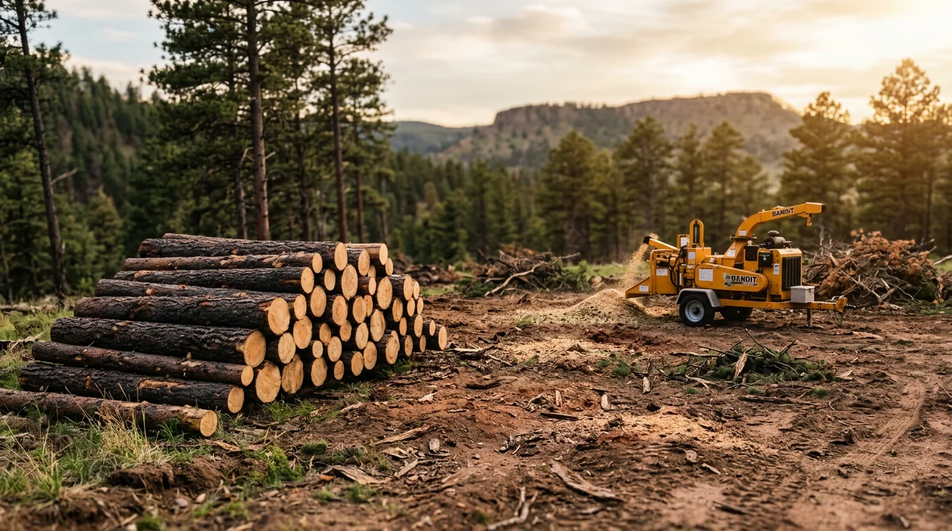 A freshly cleared residential lot in Douglas County, Colorado, with ponderosa pine stumps ground down and brush removed, revealing open ground ready for construction. The surrounding foothills terrain and dry Colorado landscape are visible in the background.
