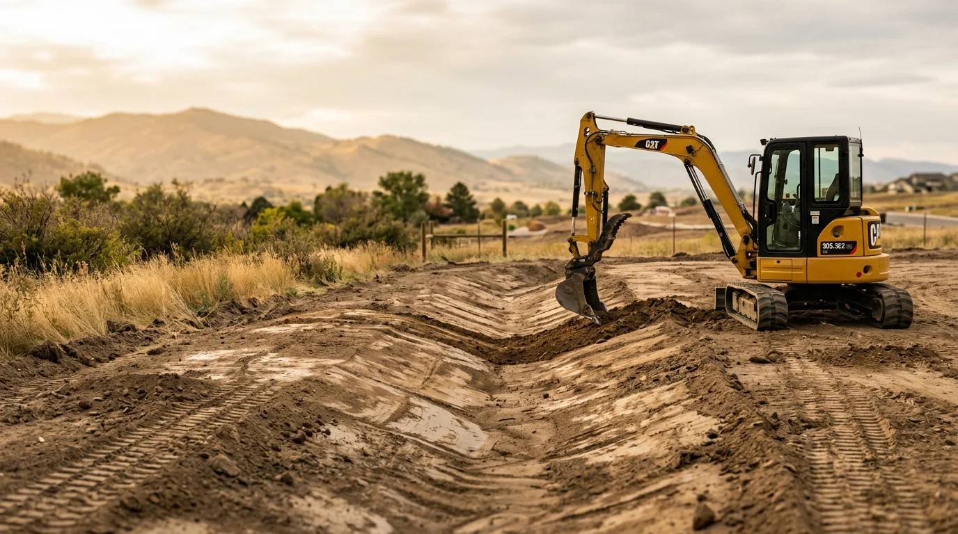 A graded building site in Douglas County, Colorado, showing a smooth, level soil surface with slopes angled away from the foundation area. Rolling terrain and sparse ponderosa pine are visible in the background.
