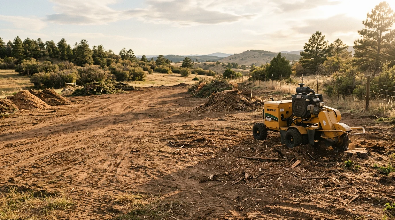 A cleared and leveled building site on a rural Douglas County, Colorado property, with stumps and brush removed and open terrain ready for construction. Rocky foothills and open grassland are visible in the background.