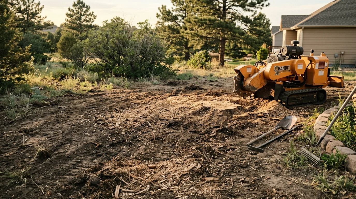 A freshly ground tree stump in a Douglas County, Colorado residential backyard, with wood chips spread across the flat, cleared soil. The surrounding lawn and mature trees are visible in the background.