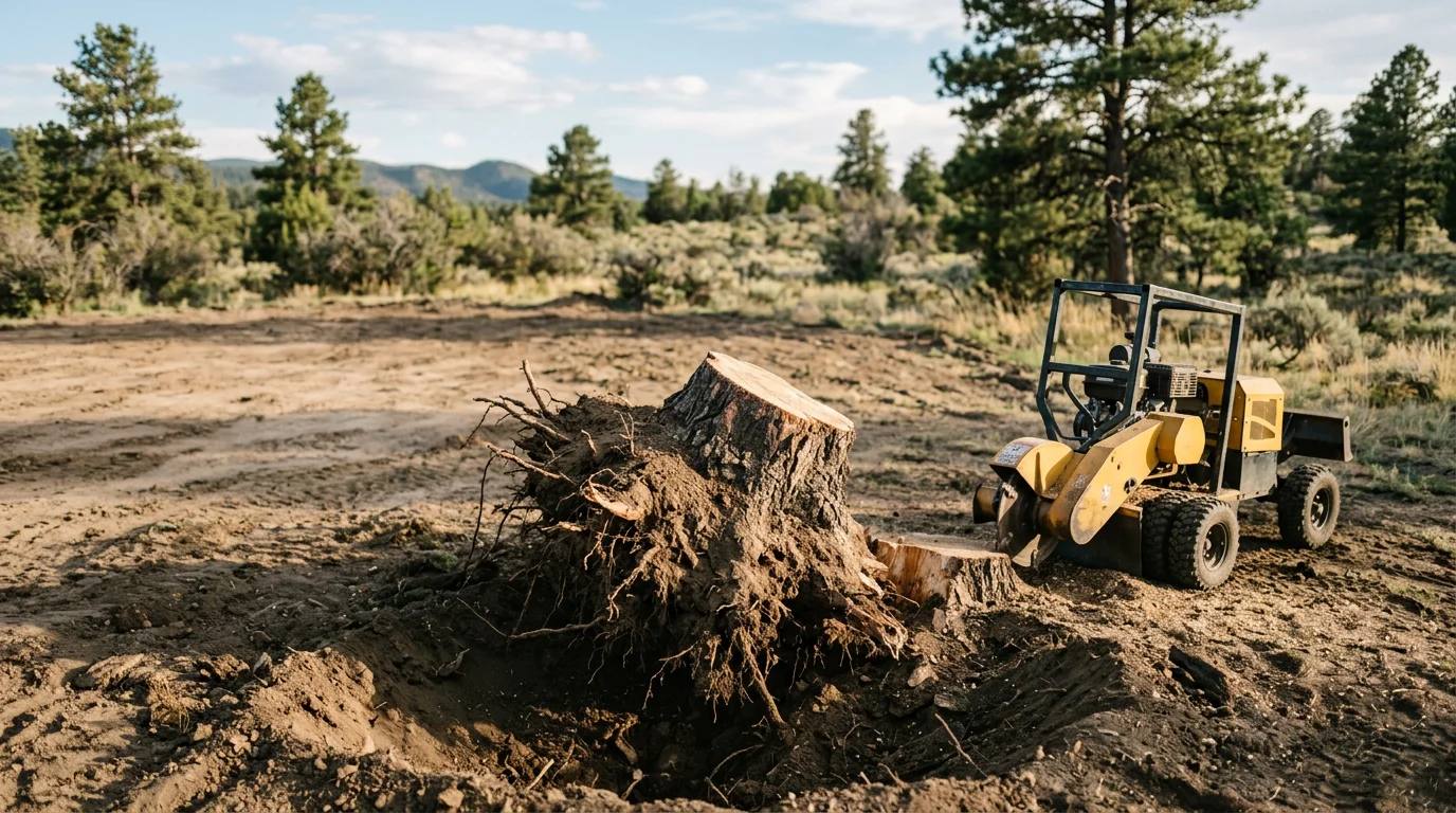 A freshly excavated stump removal site on a residential property in Douglas County, Colorado, showing a clean, backfilled area where a large tree stump and root ball have been fully extracted. The surrounding lawn and native landscape remain intact.