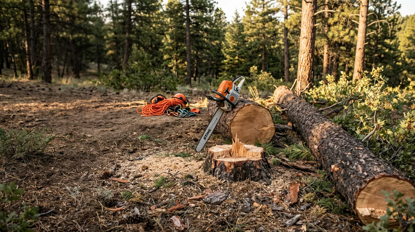 A large ponderosa pine being removed from a residential property in Douglas County, Colorado, with cleared ground visible around nearby structures. The surrounding landscape shows the open, forested terrain typical of properties in the Castle Rock and Franktown area.