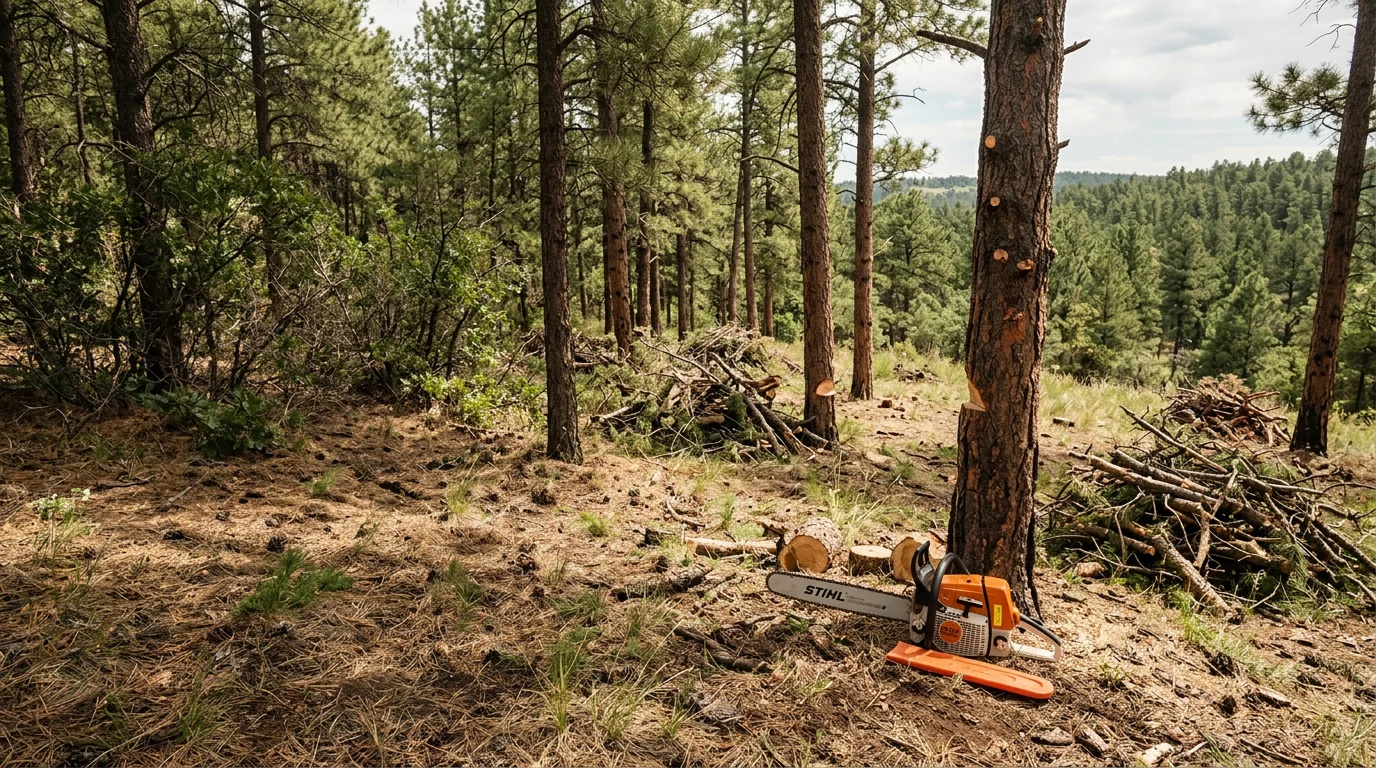A wooded residential lot in Douglas County, Colorado after professional vegetation thinning, showing well-spaced Ponderosa pine trees with cleared understory and no dense brush between trunks. Cut slash is piled neatly at the edge of the cleared area with a home visible in the background.